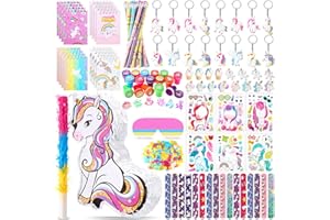 Spakon 113 Pcs Unicorn Piñata Birthday Party Supplies Piñata Set 16 Mini Notebook 16 Pencil 16 Keychain 16 Slap Bracelet 16 Mini Unicorn 16 Sticker 16 Stamp Party Supplies Gift