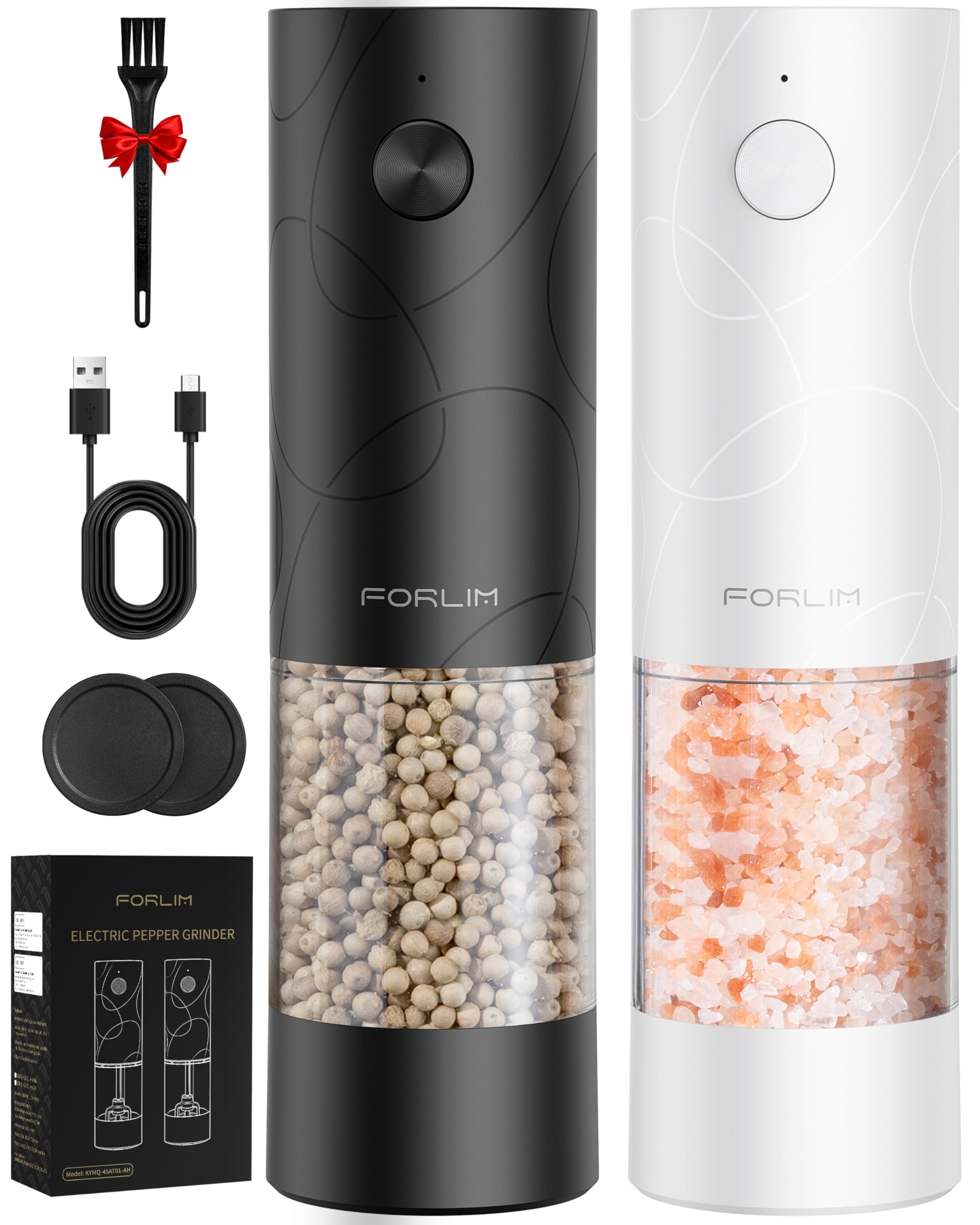 Photo 1 of FORLIM Electric Salt and Pepper Grinder Set, USB Rechargeable, Automatic Salt Pepper Mill Grinder with Dust Cover, One-Button Control, Adjustable Coarseness, White LED Light (2 Packs, Black&White)