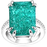 Uloveido 0.5"*0.7" Rectangle Stone Halo Index Finger Anniversary Rings for Women, Green Cubic Zirconia Imitated Paraiba Tourmaline Ring