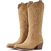 IUV Cowboy Boots For Women Western Cowgirl Boots Mid Calf Snip Toe Boot With Chunky Heel
