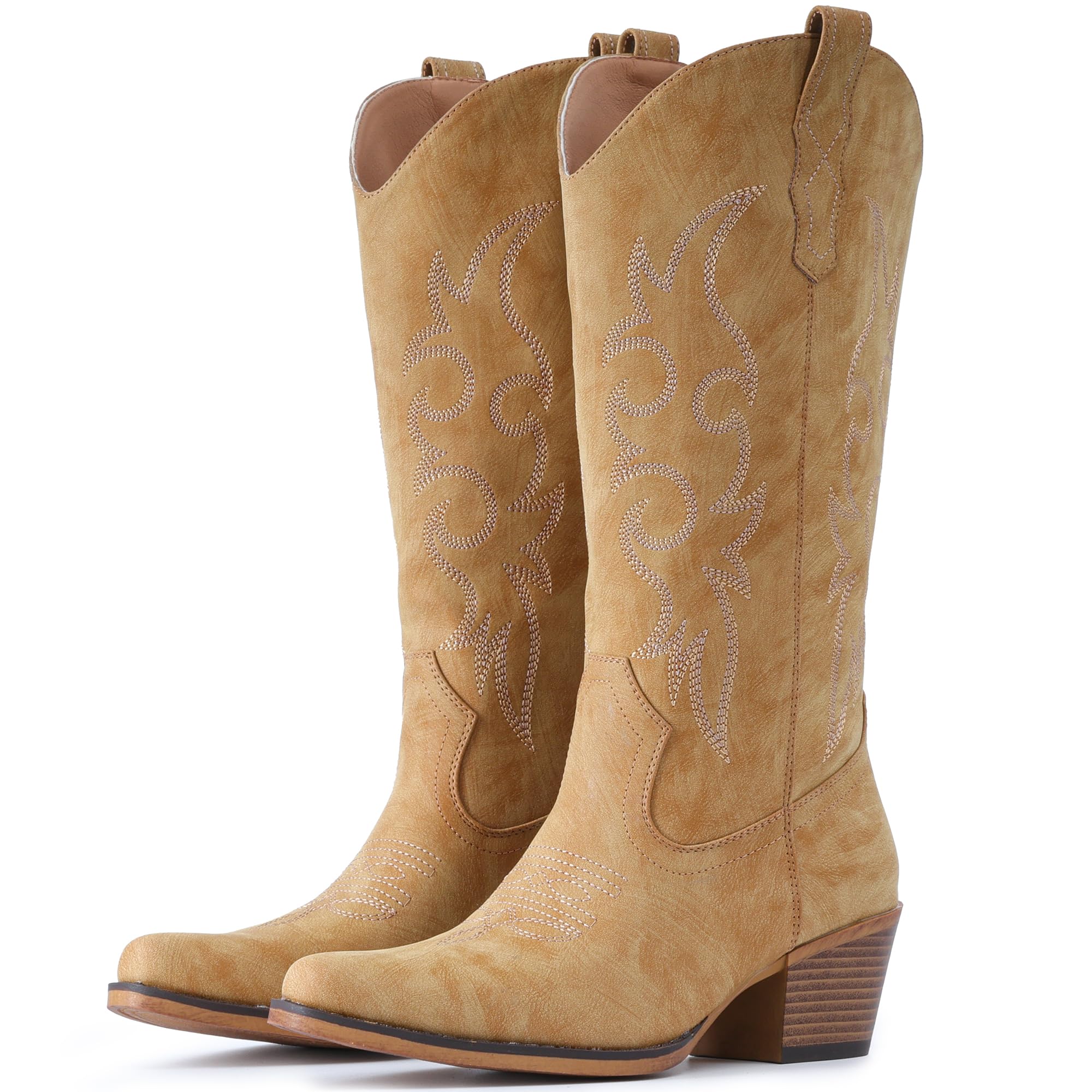 IUV Cowboy Boots For Women Western Cowgirl Boots Mid Calf Snip Toe Boot With Chunky Heel Image