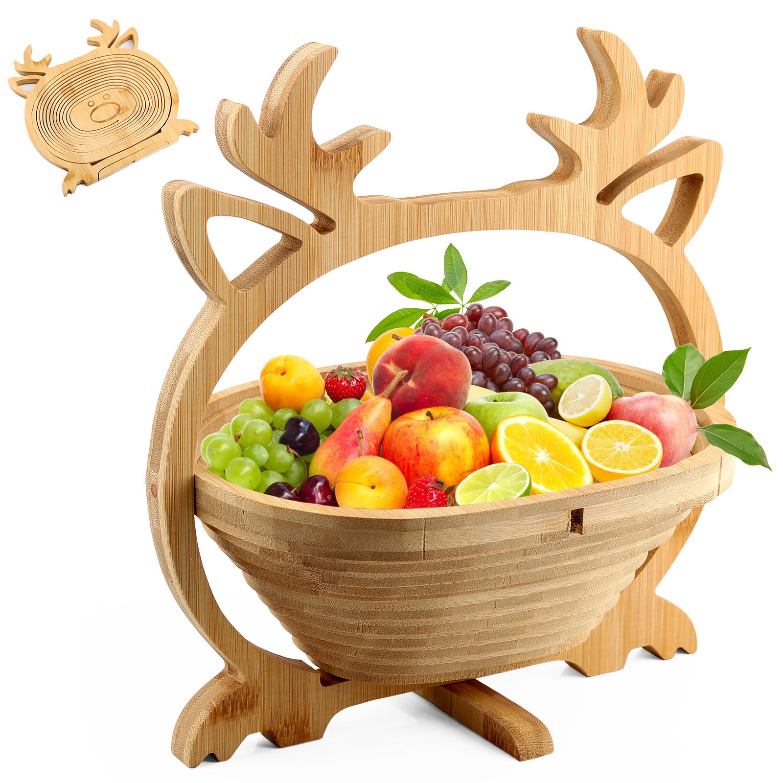 Kalolary Christmas Elk Wooden Fruit Basket - Foldable Bamboo Tray With Handle for Holiday Party Decorations and Dried Fruit Gifts