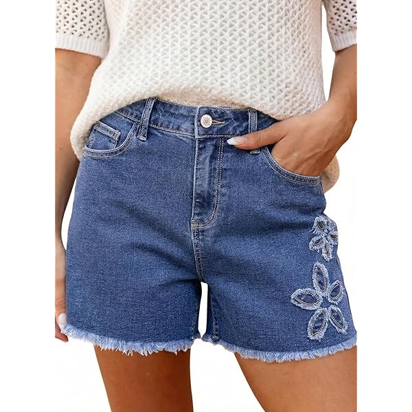 Dreamskull Women High Waist Frayed Hem 3D Daisy Floral Embroidered