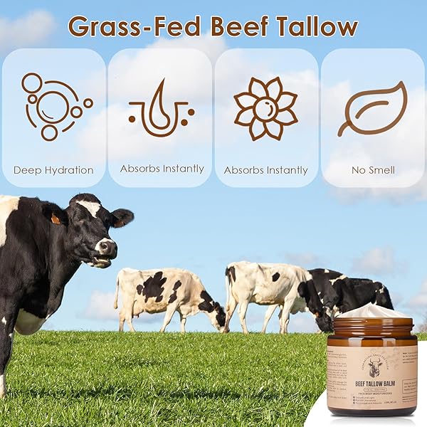 RUNSIDAN BEEF TALLOW FOR SKIN, NATURAL TALLOW BALM FOR FACE, DEEP NOURISHING MOISTURIZERS, GRASS-FED BEEF TALLOW CREAM FOR ALL SKIN TYPES