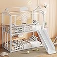 Bellemave Twin Over Twin Bunk Bed with Slide and Ladder, House Bunk Bed with Full Length Guardrail, Side Shelf and Slats, White