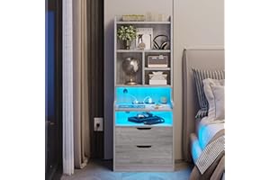 BTHFST Tall Nightstand with Charging Station and LED Lights, LED Gray Nightstand with Drawers and Shelves, Tall Bedside Table with Bookshelf, Side End Table with Storage, Grey