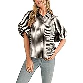 Seetaa Women's Striped Button Down Shirt Puff Sleeve Collared V Neck Loose Casual Dressy Blouse Top