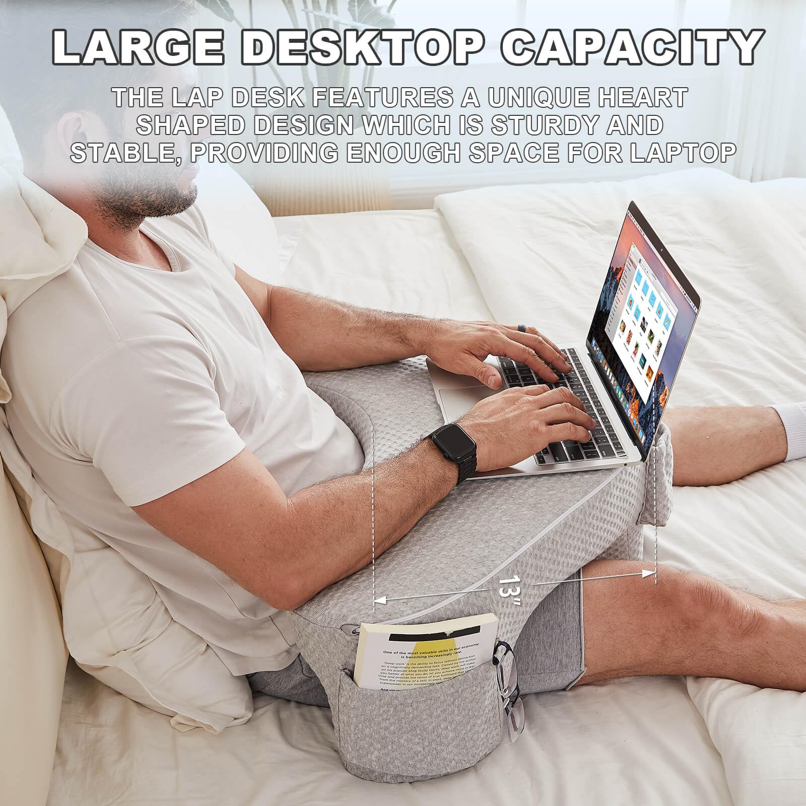 Reading Pillow for Lap, Bed Desk, Laptop Lap Desk, Laptop Desk for Bed, Gaming Pillow, Bed Pillow for Sitting Up, Memory Foam Bed Pillow (Gray), Ideal for Sitting in Bed, on The Sofa or on The Floor