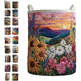 Quilted Laundry Baskets with Handles, Large Floral Fabric Hampers, Extra Soft Boho Chic Storage Organizer for Nurseries, Collapsible Clothes Bins, Portable Bedroom Washing Container