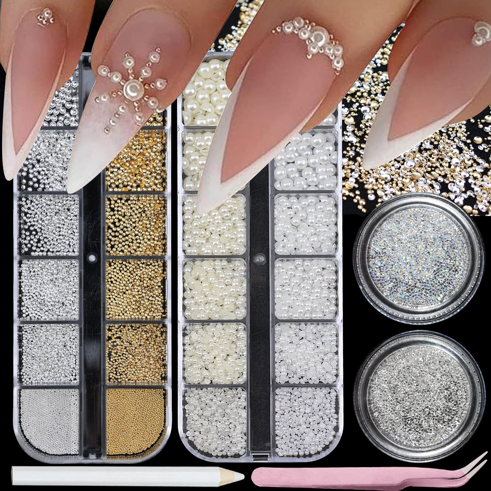 Photo 1 of VOTACOS Nail Art Rhinestones with Pearls Flatback Pearls Nail Charms Luxurious Supplies Accessories Gold Silver Gems Jewelry Decorations for Women Manicure Design