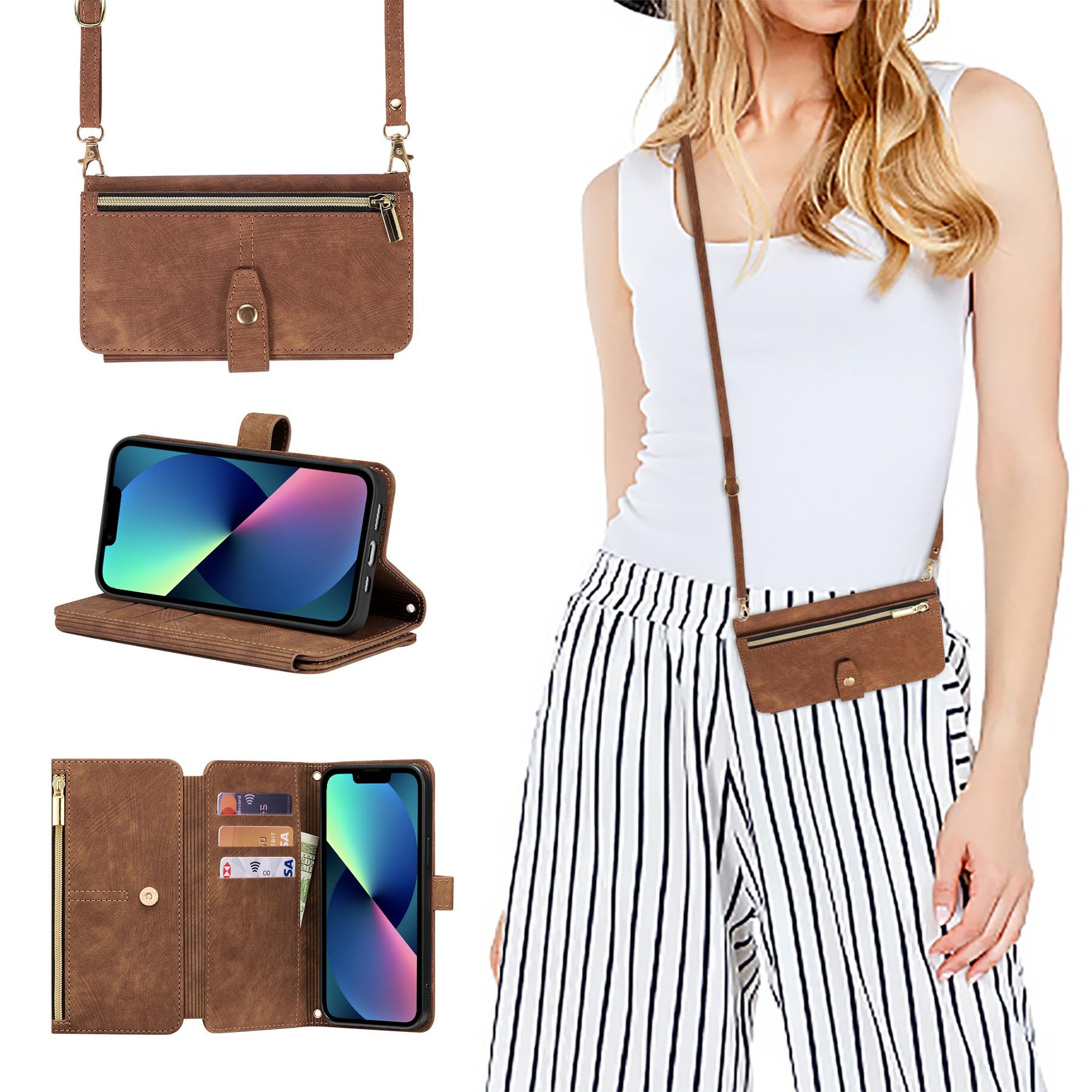 ZCDAYE Case for iPhone 15, iPhone 15 Wallet Phone Case, Premium Zipper (with Long Lanyard) Flip Leather Phone Case for iPhone 15,Brown