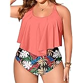 NIeyook Womens Plus Size Tankini Swimsuits Tummy Control 2 Piece Bathing Suit Flowy Ruffle Bikini with High Waist Shorts