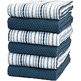 Kitchen Towels 16”x 26” - 6 Pack | Large Cotton Kitchen Hand Towels | Dish Towels | Popcorn Stripe Design | 430 GSM Highly Absorbent Tea Towels Set with Hanging Loop | Dish Towels for Kitchen | Blue