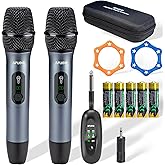 AFUOO Wireless Microphone Set for Singing, Speech & Karaoke, 2.4GHz Dual-Mic Receiver, 200ft, Storage Bag Included, Metal Cordless Mic 2 Pack for Karaoke Machines, PA Systems, PartyBox, Gray-Blue
