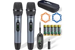 AFUOO Wireless Microphone Set for Singing, Speeches & Events, 2.4GHz Dual-Mic Receiver, 200ft, Storage Bag Included, Metal Cordless Mic 2 Pack for Karaoke Machines, PA Systems, PartyBox, Gray-Blue