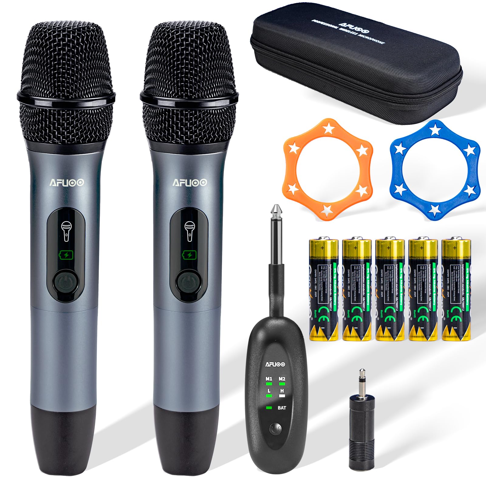 Photo 1 of AFUOO Wireless Microphone Set for Singing, Speeches & Events, 2.4GHz Dual-Mic Receiver, 200ft, Storage Bag Included, Metal Cordless Mic 2 Pack for Karaoke Machines, PA Systems, PartyBox, Gray-Blue