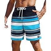 Gleeease 7inch Mens Swim Trunks: with Mesh Liner Zipper Pocket Drawstring Quick Dry Stretch Comfort Lined Striped Beach Pool