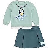 Bluey Girls Fleece Drop Shoulder Pullover Sweatshirt & Scuba Pleated Skort Outfit Set Toddler to Big Kid Sizes (2T - 10-12)
