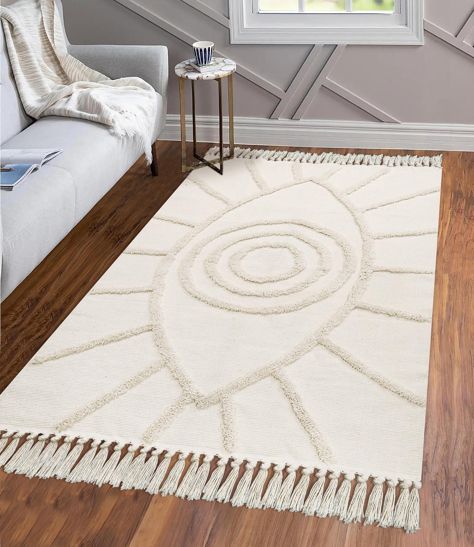 Photo 1 of Uphome Boho Area Rug 4'x6' Washable Evil Eye Tufted Living Room Rug with Tassels Soft Cotton Woven Nursery Rug Farmhouse Aesthetic Beige Indoor Carpet for Home Kitchen Dining Room Bedroom