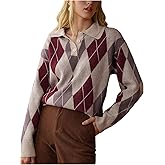 GORGLITTER Women's Argyle Sweater Half Button Collared Long Sleeve Vintage Fall Trendy 2025 Preppy Pullover Sweaters