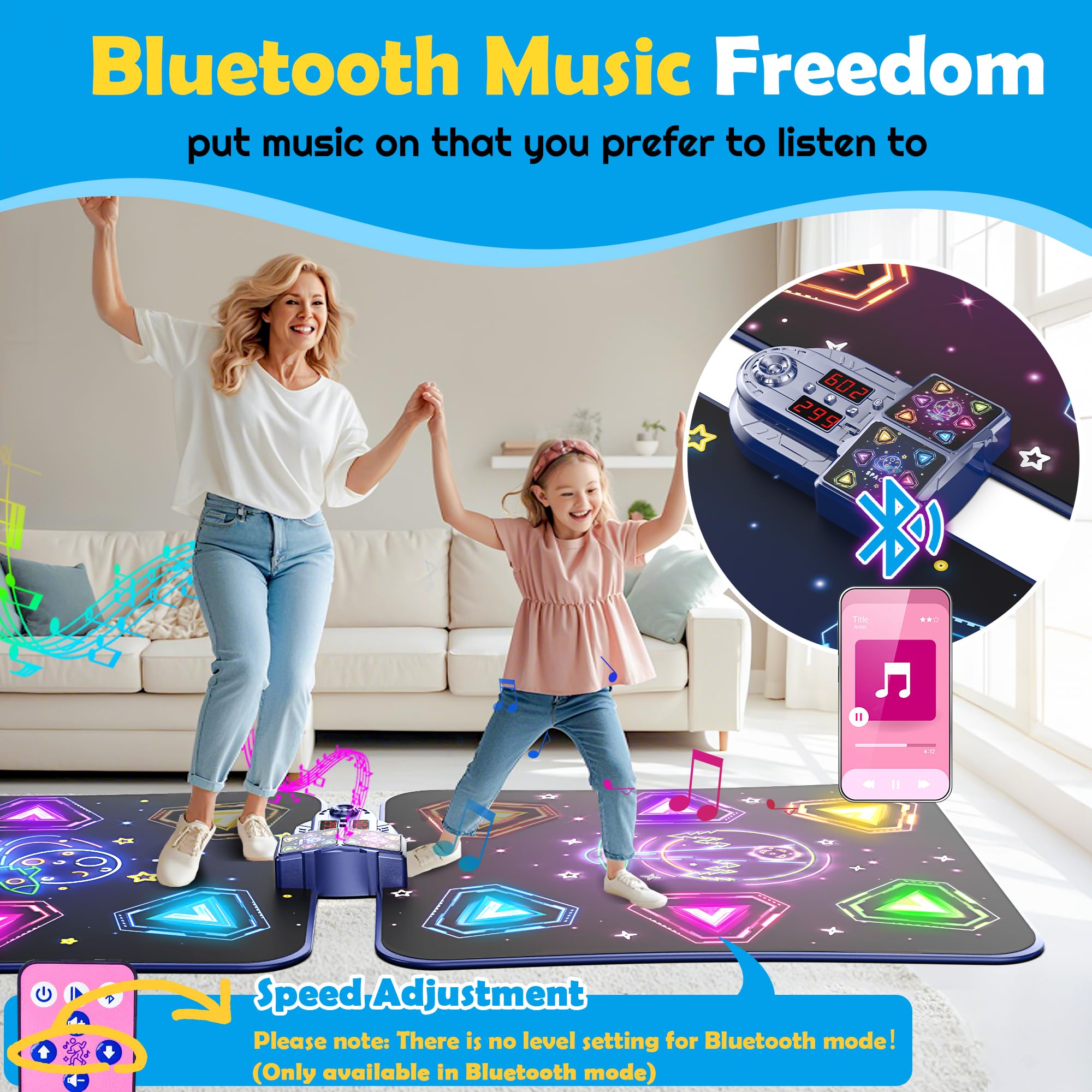 Large Double Electronic Dance Mats, Dance Pad with LED Light & Wireless Bluetooth, Music Dance Toy with 6 Game Modes, Challenge Game for Single & Double Players, Dance Mat Toy for 3-12 Year Old Girls