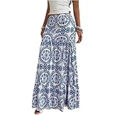 WDIRARA Women's Boho Print Ruffle Maxi Skirt Elastic Waist Flowy Long Skirts