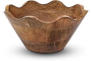 Mela Artisans Wooden Scalloped Bowl - Small | Ruffle Decorative Style | Rustic Kitchen Decor | Mango Wood | Natural Grain Finish | Fits Bread, Fruits, Salad or Popcorn | 8” x 4” x 7”