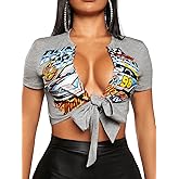SweatyRocks Women's Deep V Neck Tie Front Crop Top Short Sleeve Car Graphic Tee Shirt Clubwear