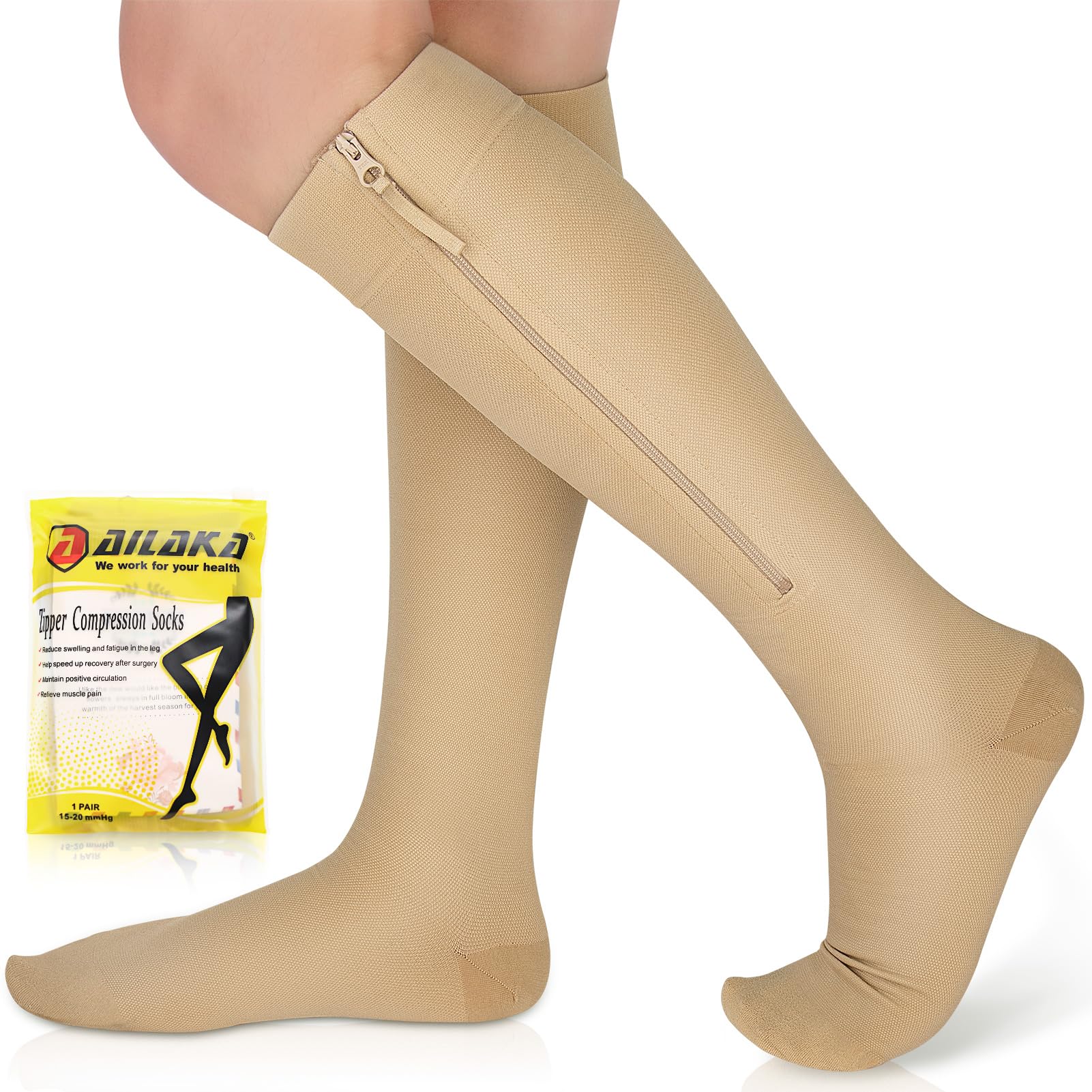 Ailaka Zipper Compression Socks Medical, 15-20 mmHg Knee High Compression Socks for Men Women, Close Toe Support Socks for Varicose Veins, Edema, Recovery, Pregnant, Nurse (Beige, XL)