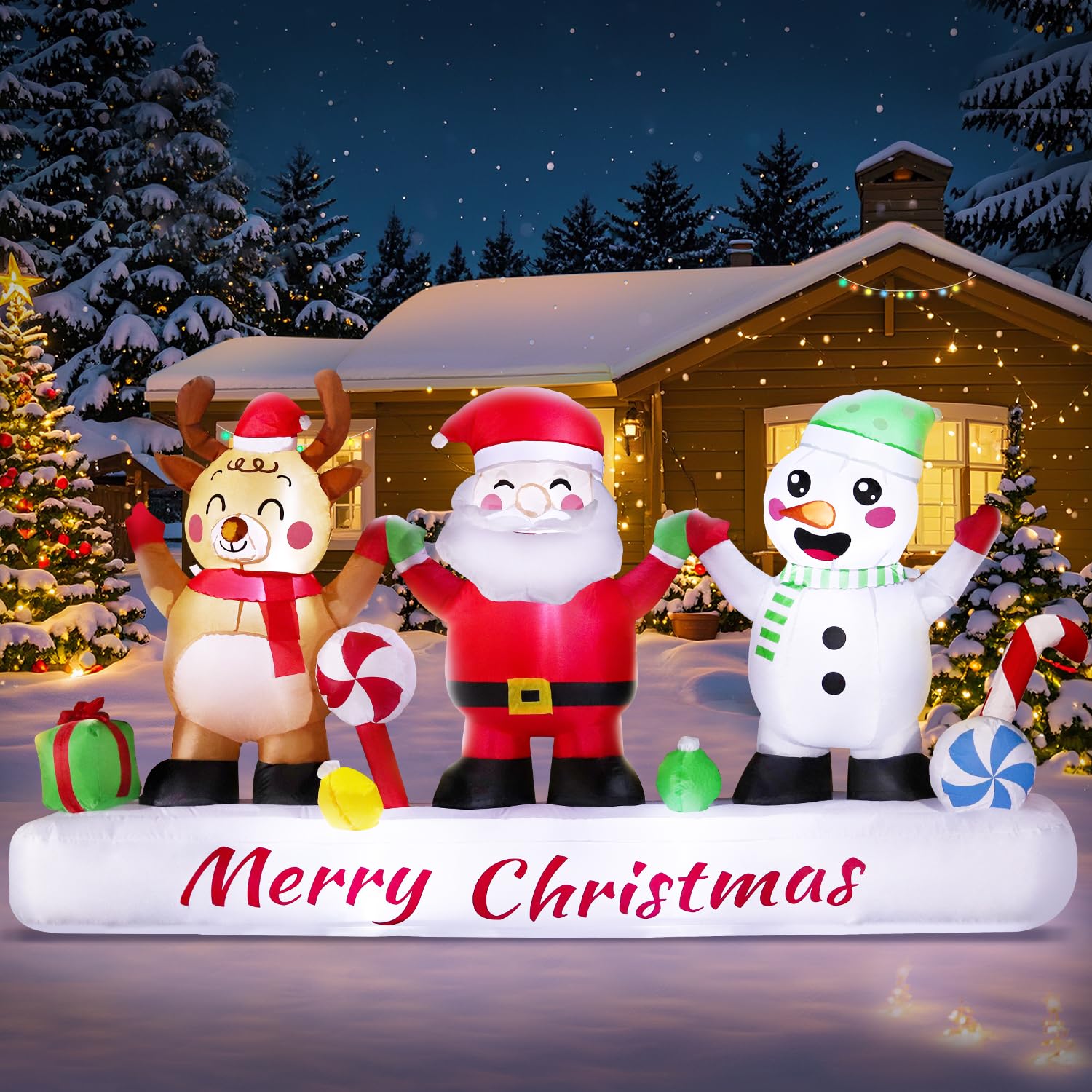 Photo 1 of 8FT Long Merry Christmas Inflatable, Santa Claus Reindeer Snowman Blow up with Build-in Led Light Party Yard Holiday Winter Outdoor Decoration