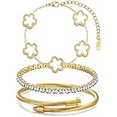 YOQ Stackable Four Leaf Clover Bracelets for Women, Tennis Bangle Bracelets Set for Women, 3 Pcs Trendy Jewelry Gifts
