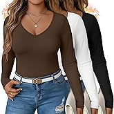 Sweetyweee 3 Pack Women's Plus Size Long Sleeve Thermal Shirts, V Neck Slim Fitted Fleece Underwear Basic Tees