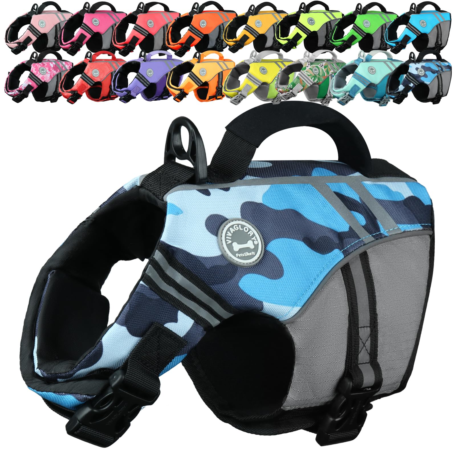 VIVAGLORY Sports Style Dog Life Jacket, Dog Buoyancy Jacket for Swimming & Boating, Ripstop & Buoyancy for Doggy, Life Vest with Handle, XS, Camo Blue