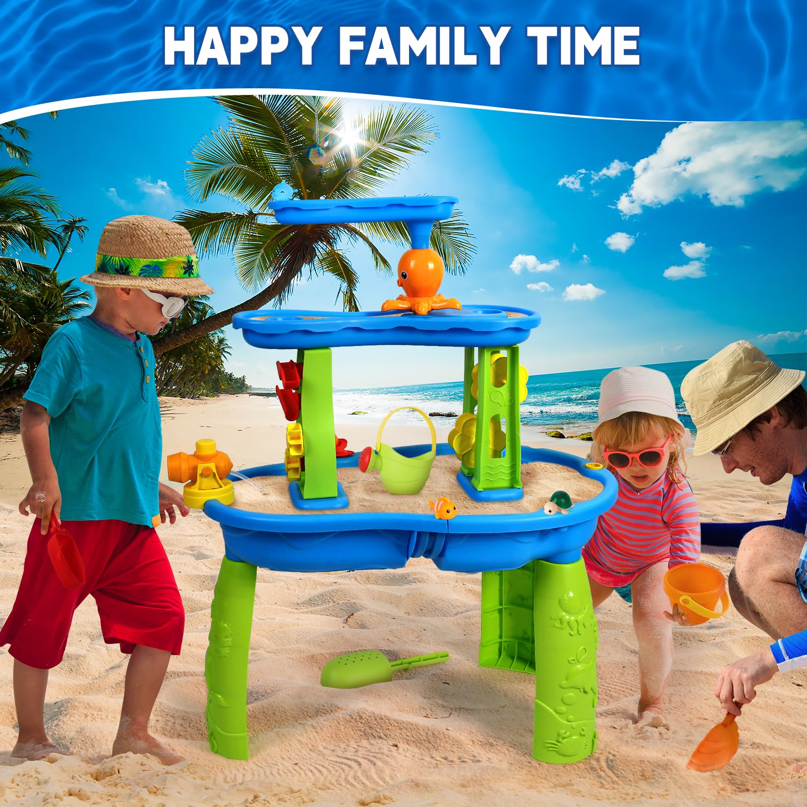 SUPER JOY Water Table for Toddlers 3-5 | 3-Tier Kids Water Table for Outdoors Play | Kids Activity Table Toddler Sand Table with Rain Showers Splash Pond for Boys Girls 3 4 5 6 7 8