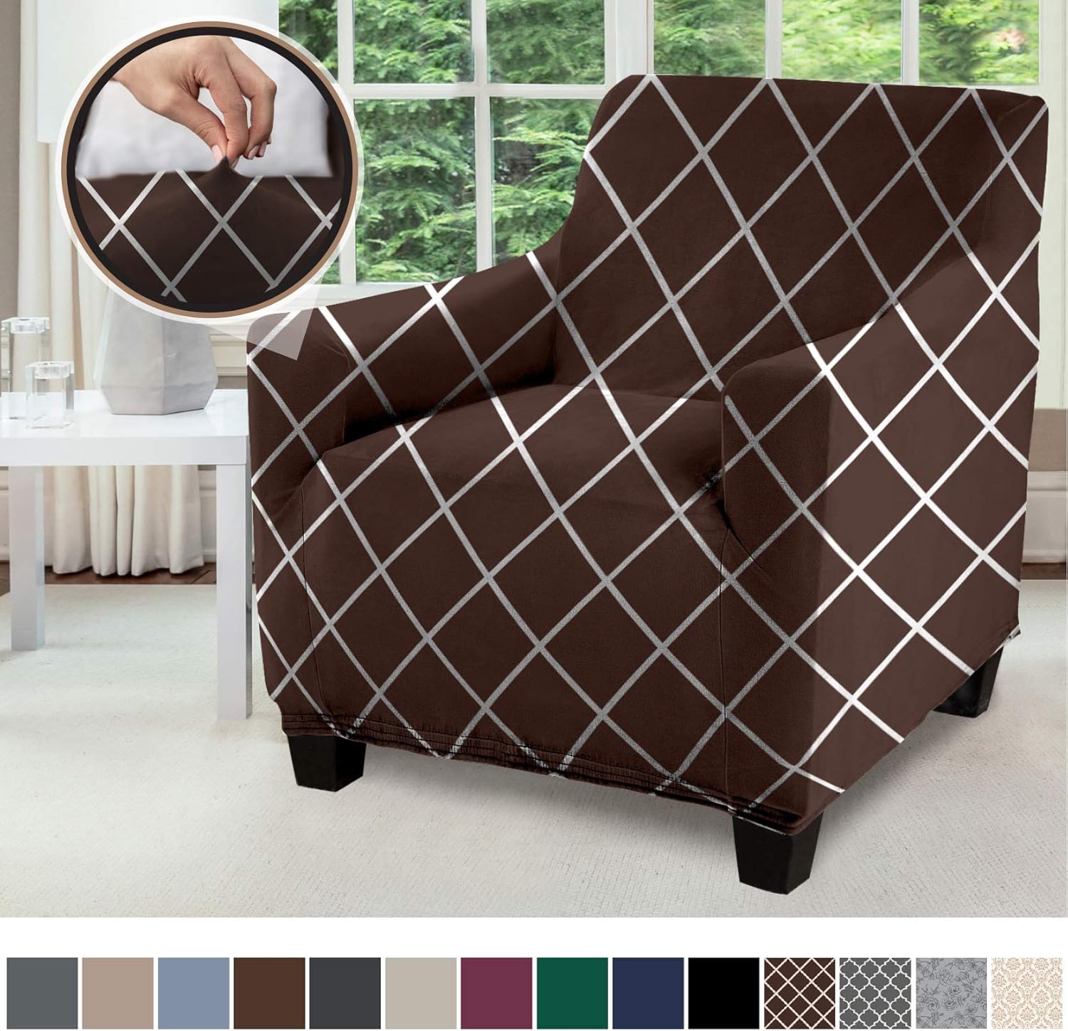 Gorilla Grip Original Fitted Velvet 1 Piece Chair Protector for Seat Width to 23 Inch, Stretchy Furniture Slipcover, Fastener Straps, Spandex Chair Cover for Pets, Armchair, Diamond Chocolate White: Home & Kitchen