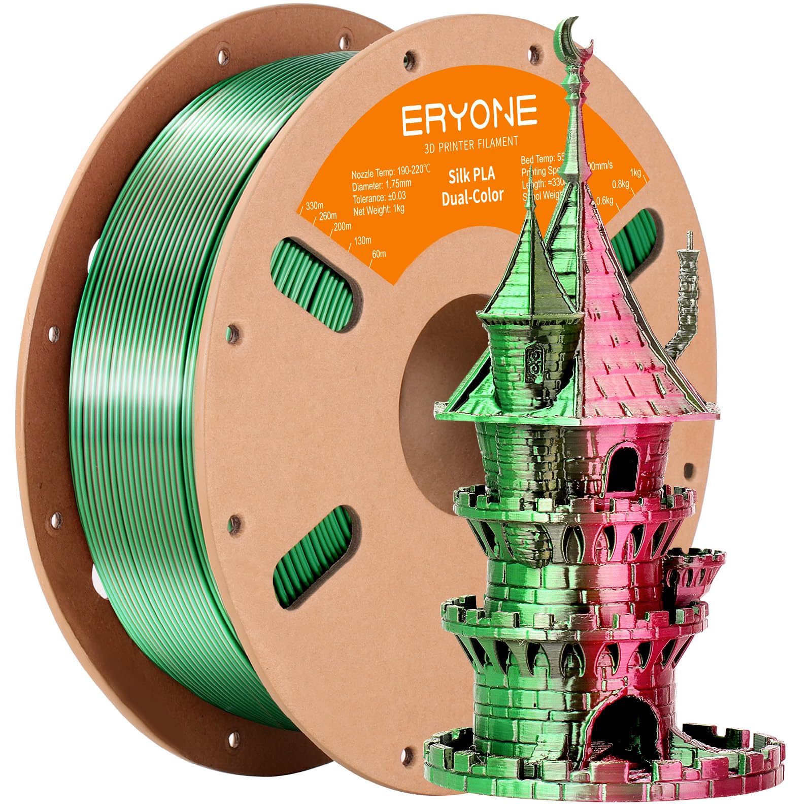 Eryone Silk Dual-Color PLA Filament 1.75mm, 3D Printer Filament PLA, Dimensional Accuracy +/- 0.03mm, 1KG Spool, Silk Red&Green