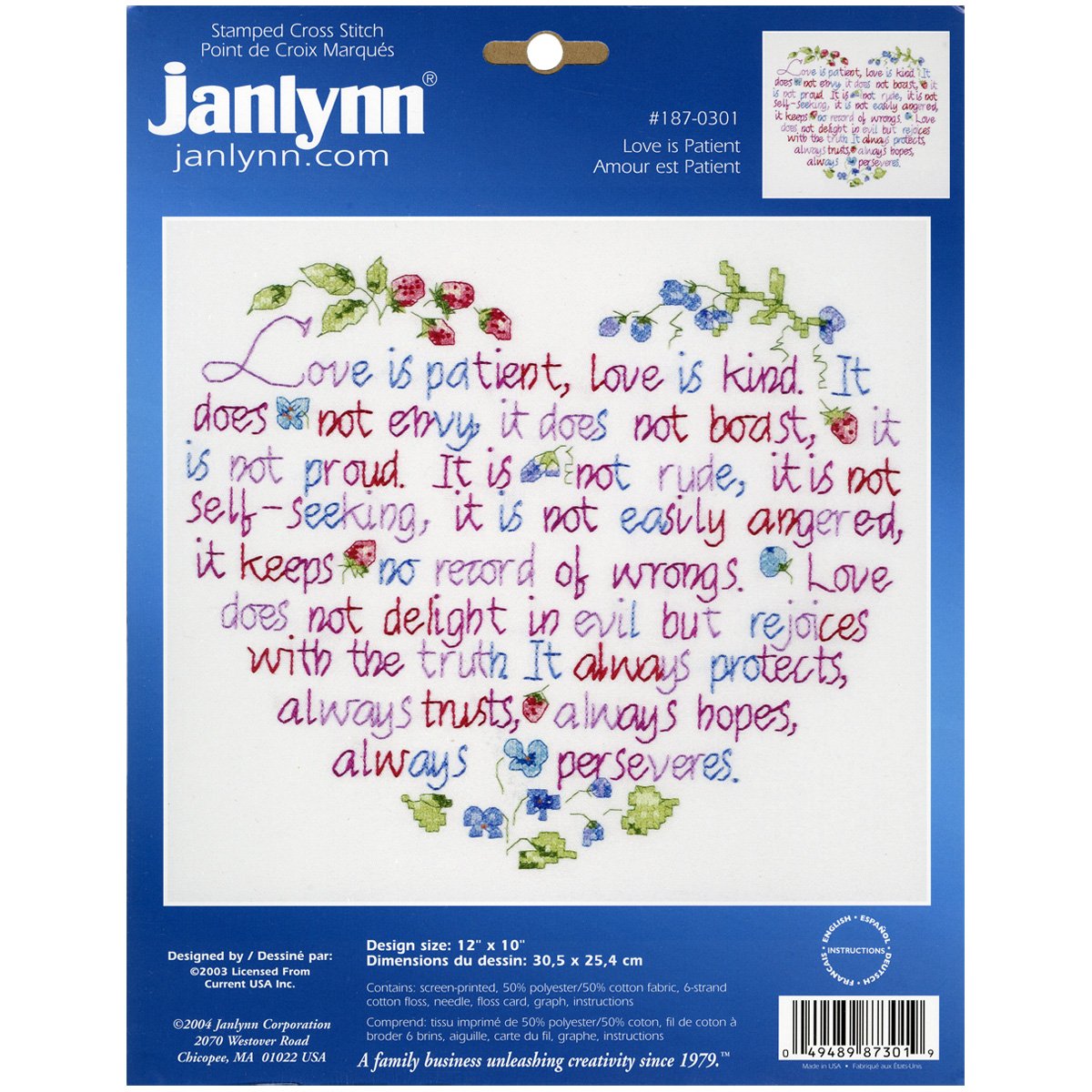 Janlynn 1-Piece Love Is Patient Stamped Cross Stitch Kit, White, 12" x 12"