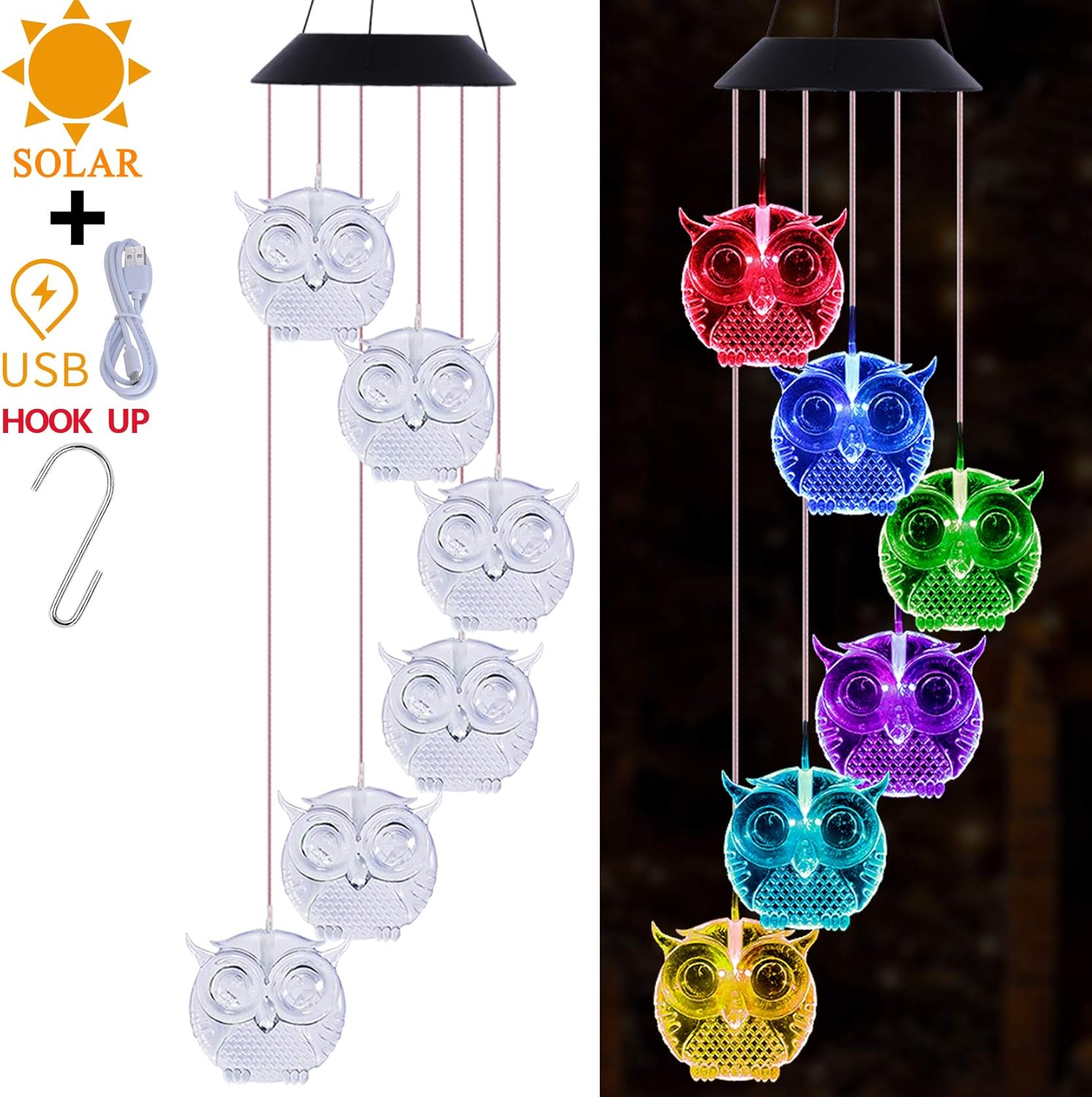 Solar Owl Wind Chimes Light Outdoor Decor- Solar Powered Owl Wind Chime, Changing Color LED Owls Solar Lights, Xmas, Gifts for Mom, Home, Patio, Yard, Festival, Garden Decoration(Solar & USB Charging)