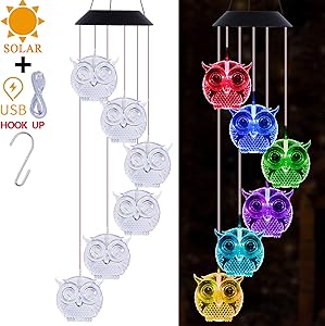 Solar Owl Wind Chimes Light Outdoor Decor- Solar Powered Owl Wind Chime, Changing Color LED Owls Solar Lights, Xmas, Gifts for Mom, Home, Patio, Yard, Festival, Garden Decoration(Solar & USB Charging)