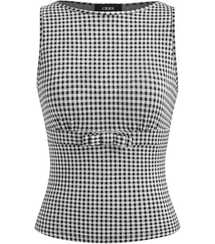 CIDER Tank Top for Women Boat Neck Gingham Slim Fit Bowknot