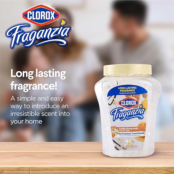 CLOROX FRAGANZIA AIR FRESHENER CRYSTAL BEADS VANILLA HONEYCOMB 12OZ JAR | LONG-LASTING AIR FRESHENER BEADS | EASY TO USE VENTED JAR AIR SCENT BEADS FOR HOMES, BATHROOMS, CLOSETS, CAR OR OFFICE