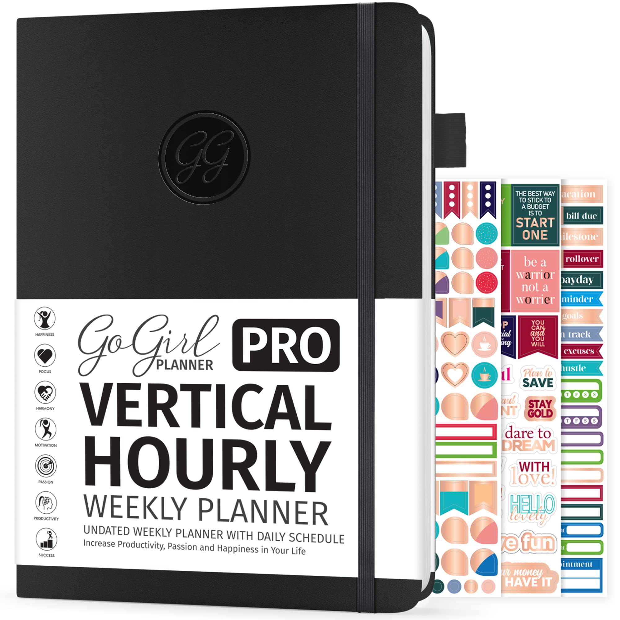 GoGirl Planner PRO Schedule - Undated Planner with Hourly Time Slots, Monthly, Weekly & Daily Organizer, Appointment Book for time Management, 18 x 25.5cm, Hardcover, Lasts 1 Year - Black