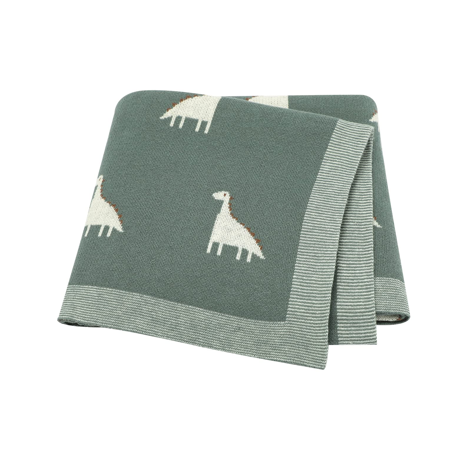 LAWKUL Baby Blanket 100% Cotton Knit Soft Breathable Blankets for Newborn Boy Girl, Dinosaur Green, Pram/Mose Basket(90x70cm) — image 1