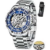 LOUIE JUELEN Men's Skeleton Mechanical Watch Automatic Self-Winding Movement Silver Stainless Steel Case with Luxury Dress Luminous Black Dial Wrist Watches