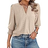 Dokotoo Womens Summer 2026 Hollow Out Blouses 3/4 Length Sleeve Business Tops Dressy Casual V Neck Cute T-Shirts