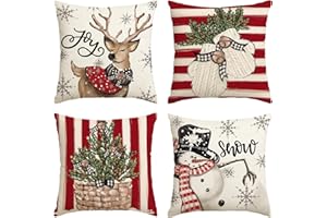 AVOIN colorlife Christmas Snowman Reindeer Gloves Eucalyptus Red Throw Pillow Covers, 18 x 18 Inch Winter Holiday Stripes Cushion Case Decoration for Sofa Couch Set of 4