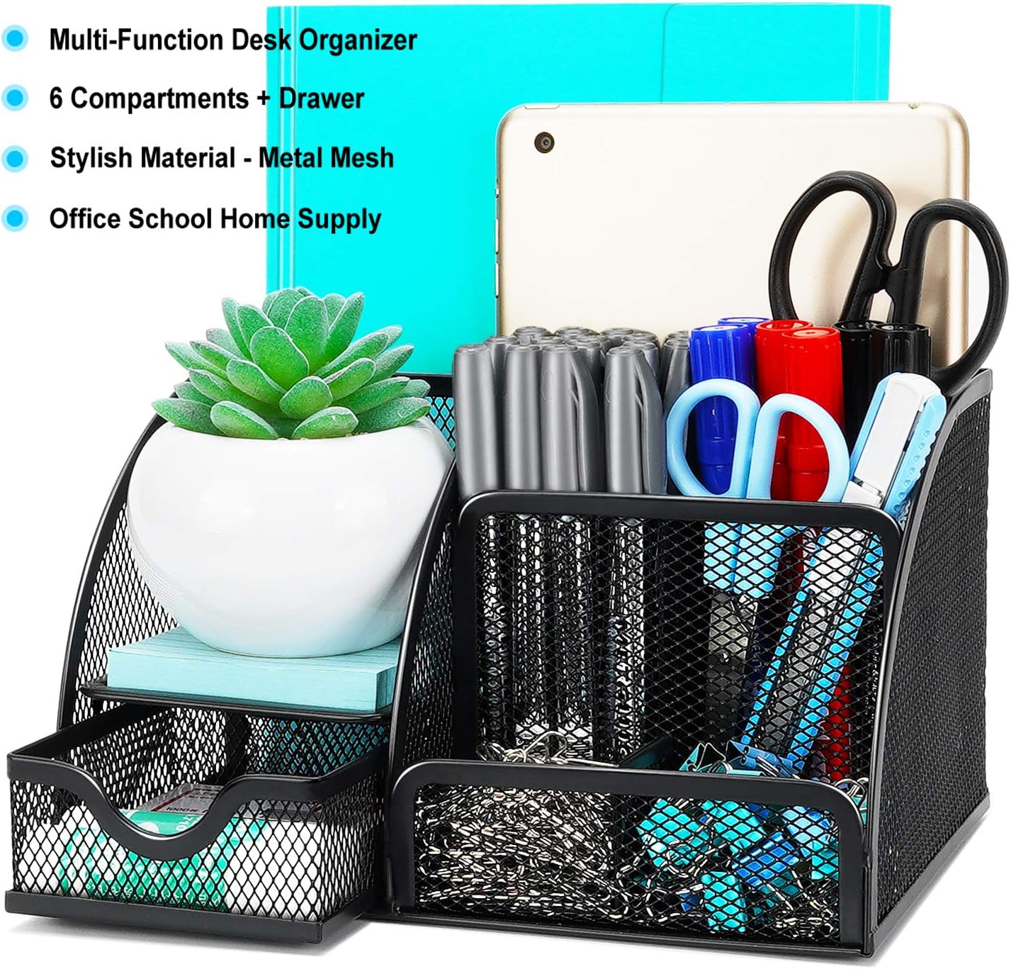 Desk Organizer, Wellerly Office Supplies Desk Organization Accessories Pen Holder Organizers Set Multi-Functional Mesh Storage Caddy with 6 Compartments + 1 Drawer for Office School Home Supply: Home Improvement