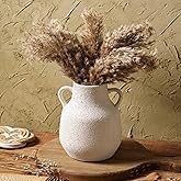 Vintage Farmhouse Flower Round Ceramic Vase with 2 Handles, Rustic Pampas Grass Vase, White Modern Decorative Flower Ceramic Vase for Home Decor, Table, Living Room Decoration, Office, 7.7 Inch