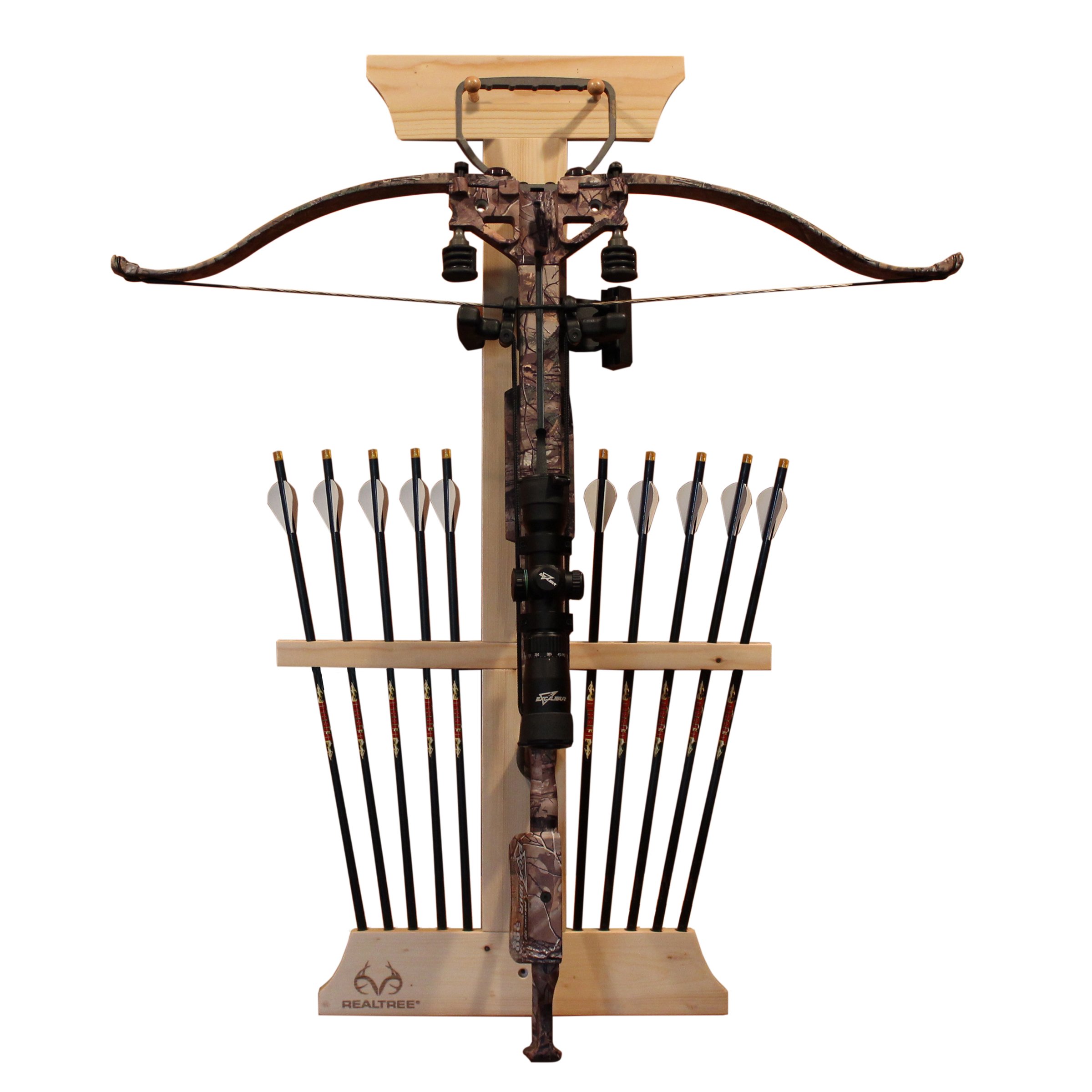 Rush Creek Creations Real tree Crossbow and 10 Arrow Bow Rack - 4 Minute Assembly - Extra Large Pegs