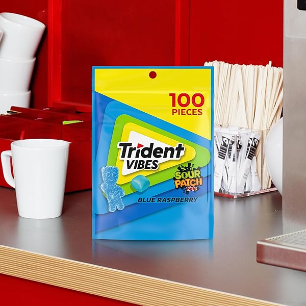 TRIDENT VIBES SOUR PATCH KIDS BLUE RASPBERRY SUGAR-FREE CHEWING GUM, RESEALABLE POUCH, PACK OF 1 (100 PIECES)